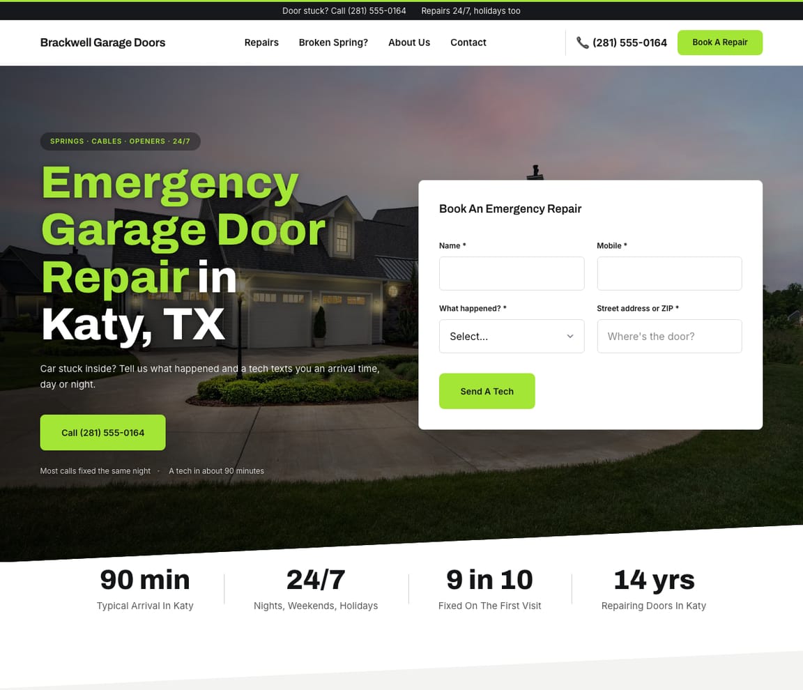 Home page of the Emergency Garage Door Repair website template, with the headline “Emergency Garage Door Repair in Katy, TX”