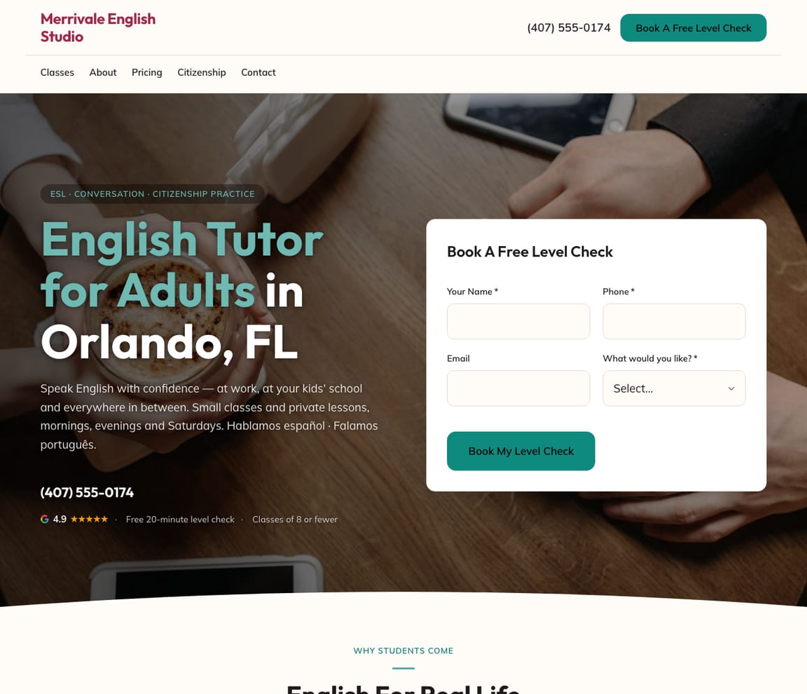 Home page of the English & ESL Tutor for Adults website template, with the headline “English Tutor for Adults in Orlando, FL”