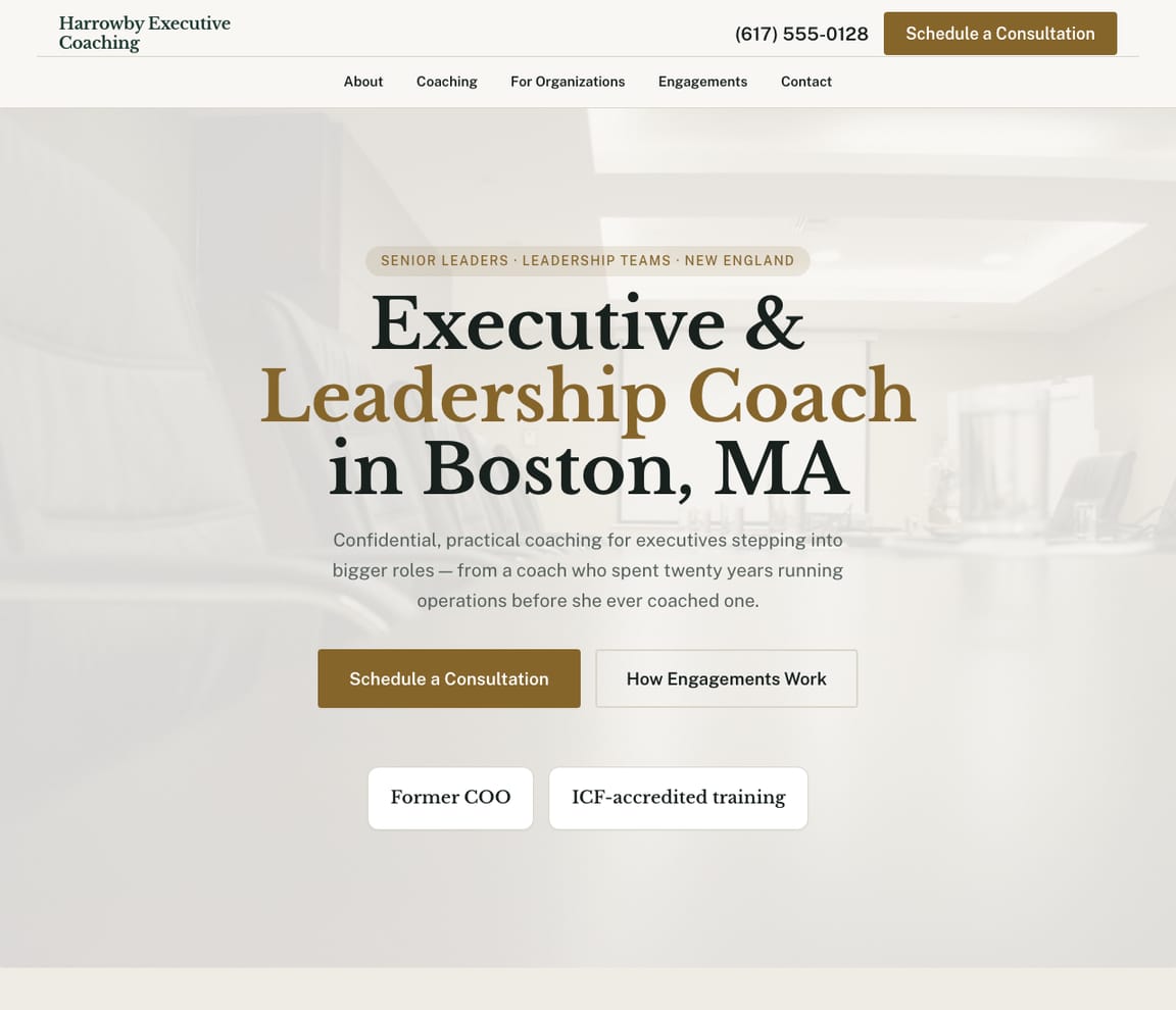 Home page of the Executive Coach website template, with the headline “Executive & Leadership Coach in Boston, MA”