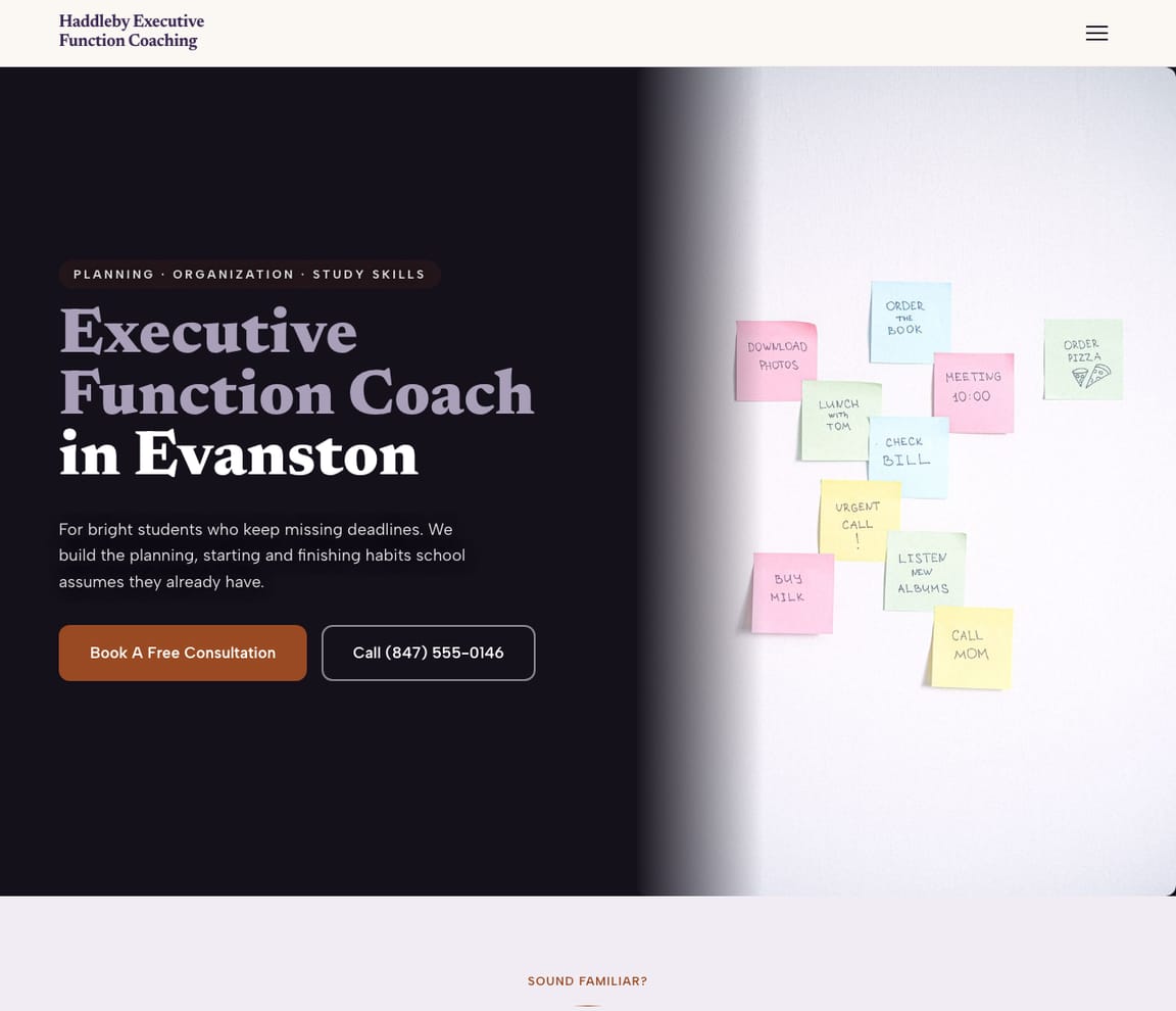 Home page of the Executive Function Coach website template, with the headline “Executive Function Coach in Evanston”