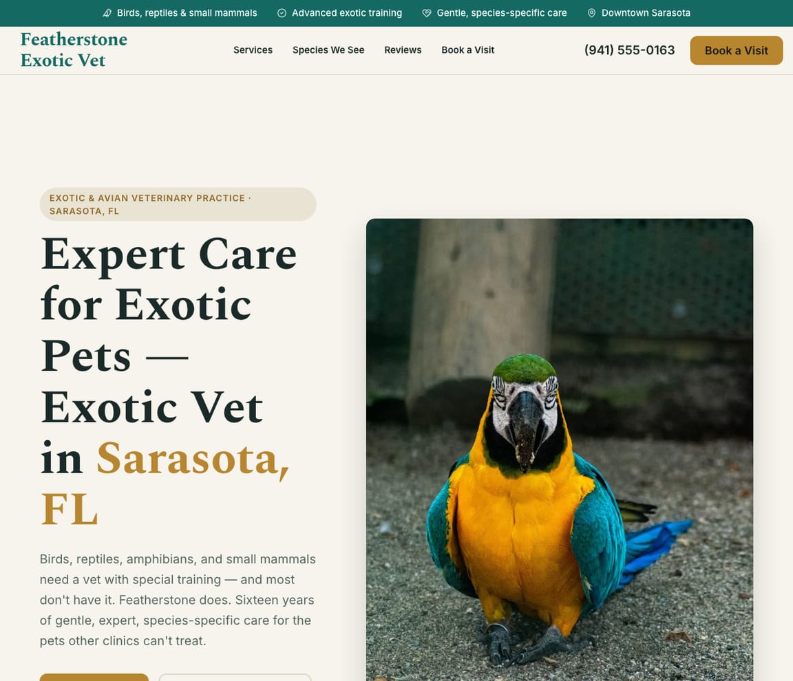 Exotic & Avian Veterinary Practice website template preview