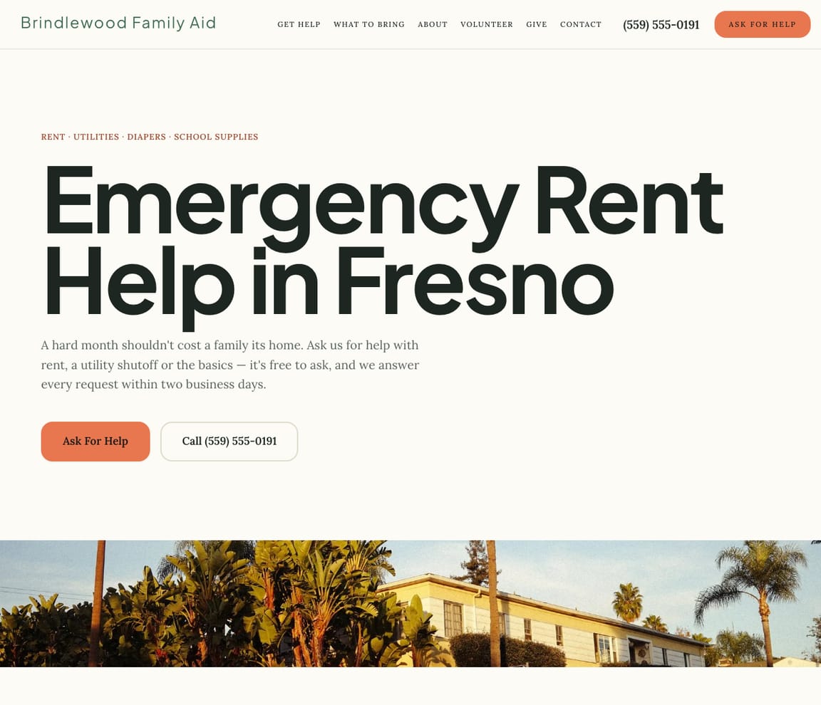 Home page of the Family Assistance website template, with the headline “Emergency Rent Help in Fresno”