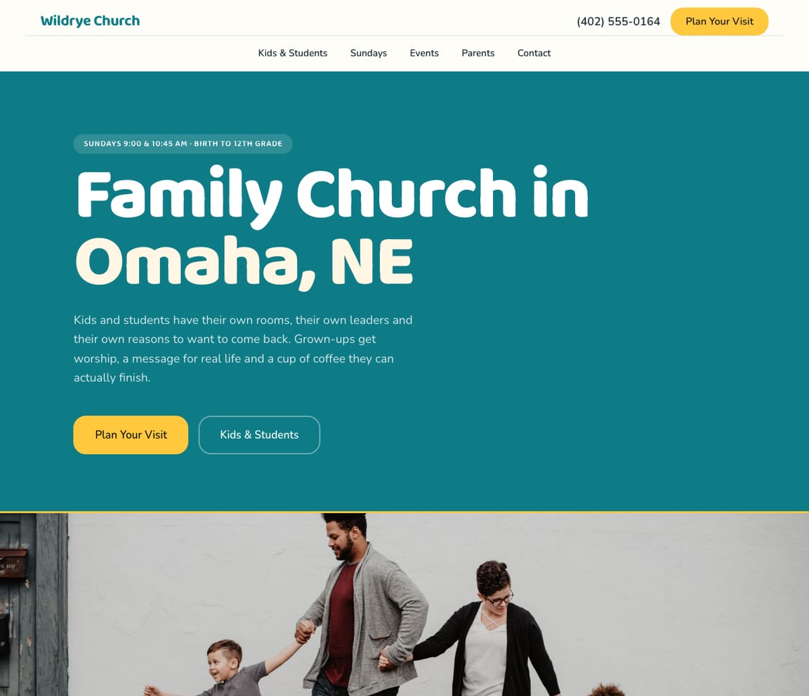 Home page of the Family Church website template, with the headline “Family Church in Omaha, NE”