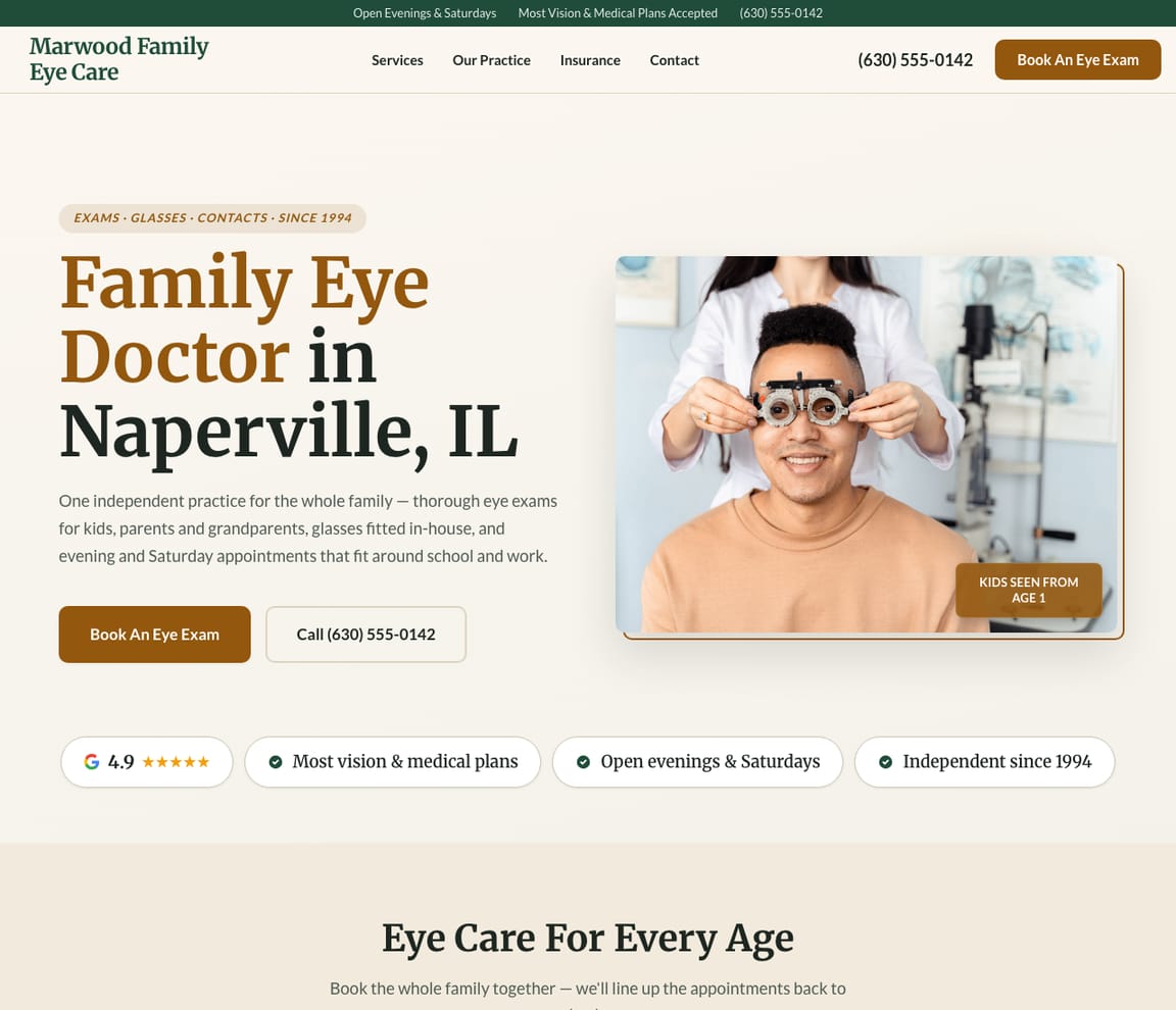 Home page of the Family Eye Care Practice website template, with the headline “Family Eye Doctor in Naperville, IL”