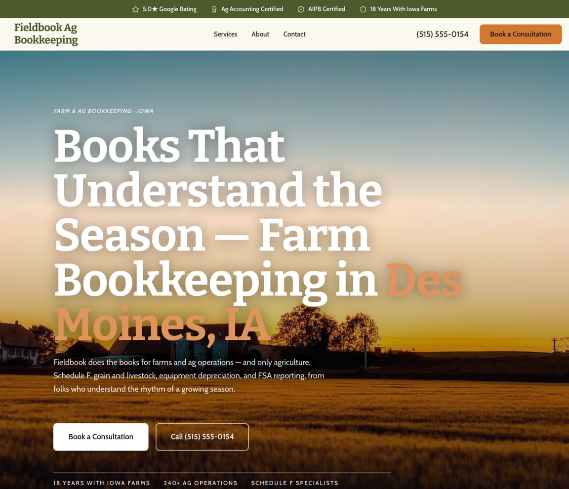Farm & Ag Bookkeeping website template preview