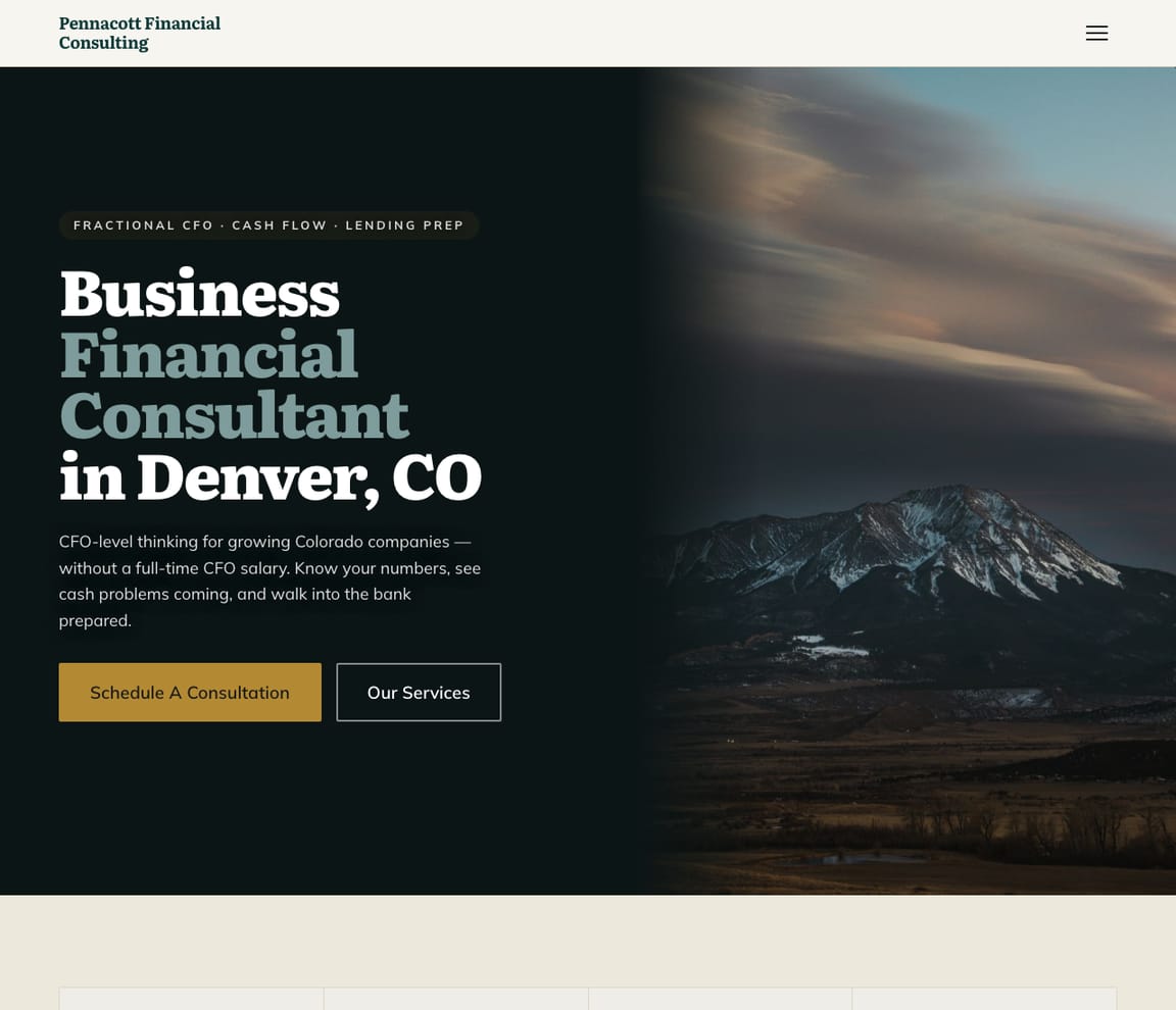 Home page of the Financial Consultant website template, with the headline “Business Financial Consultant in Denver, CO”