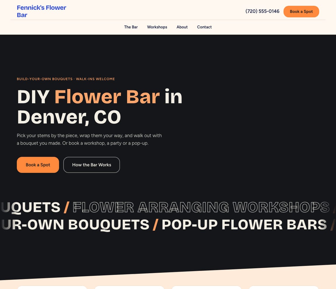 Home page of the Flower Bar & Workshops website template, with the headline “DIY Flower Bar in Denver, CO”
