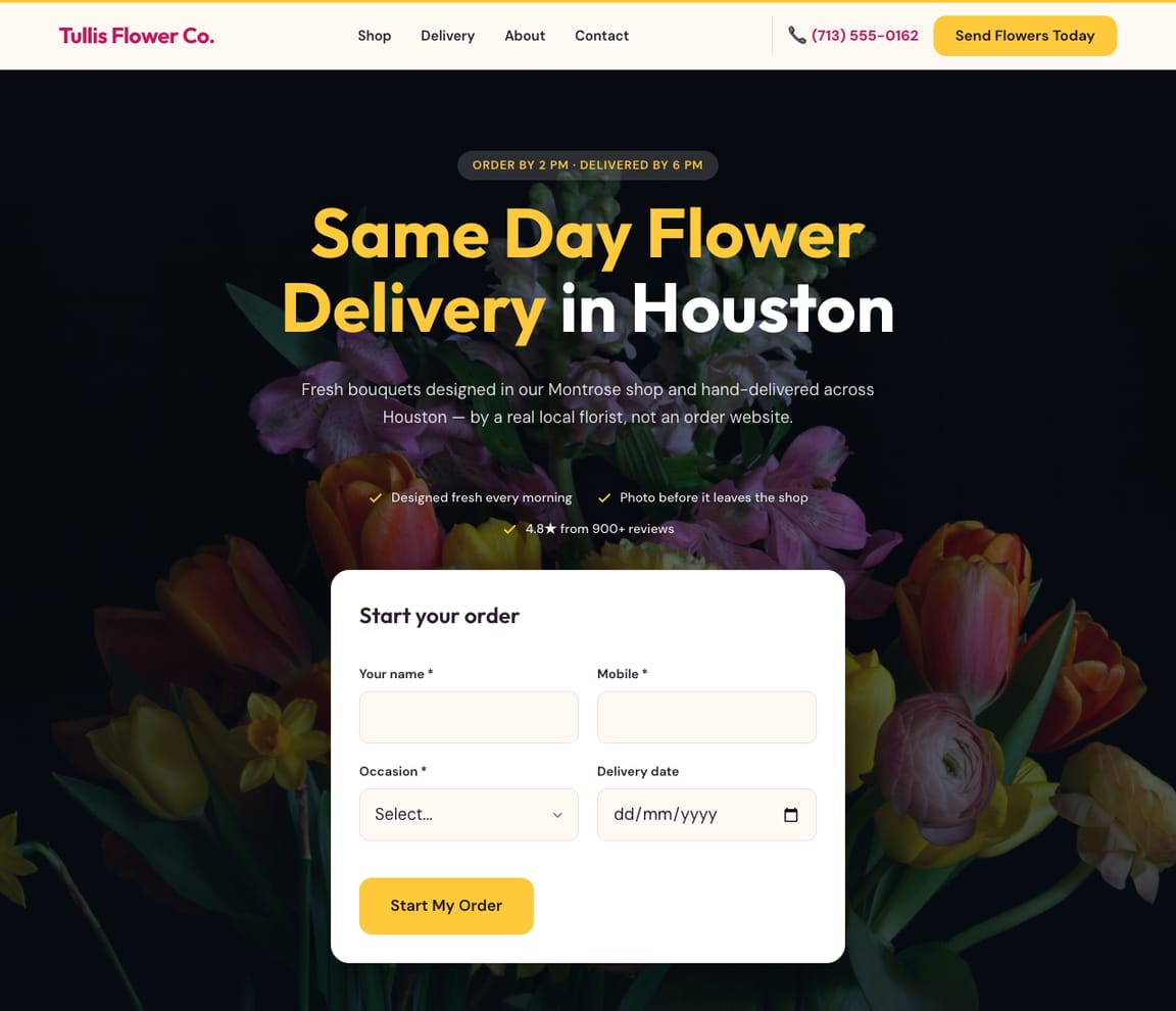 Home page of the Same-Day Flower Delivery website template, with the headline “Same Day Flower Delivery in Houston”