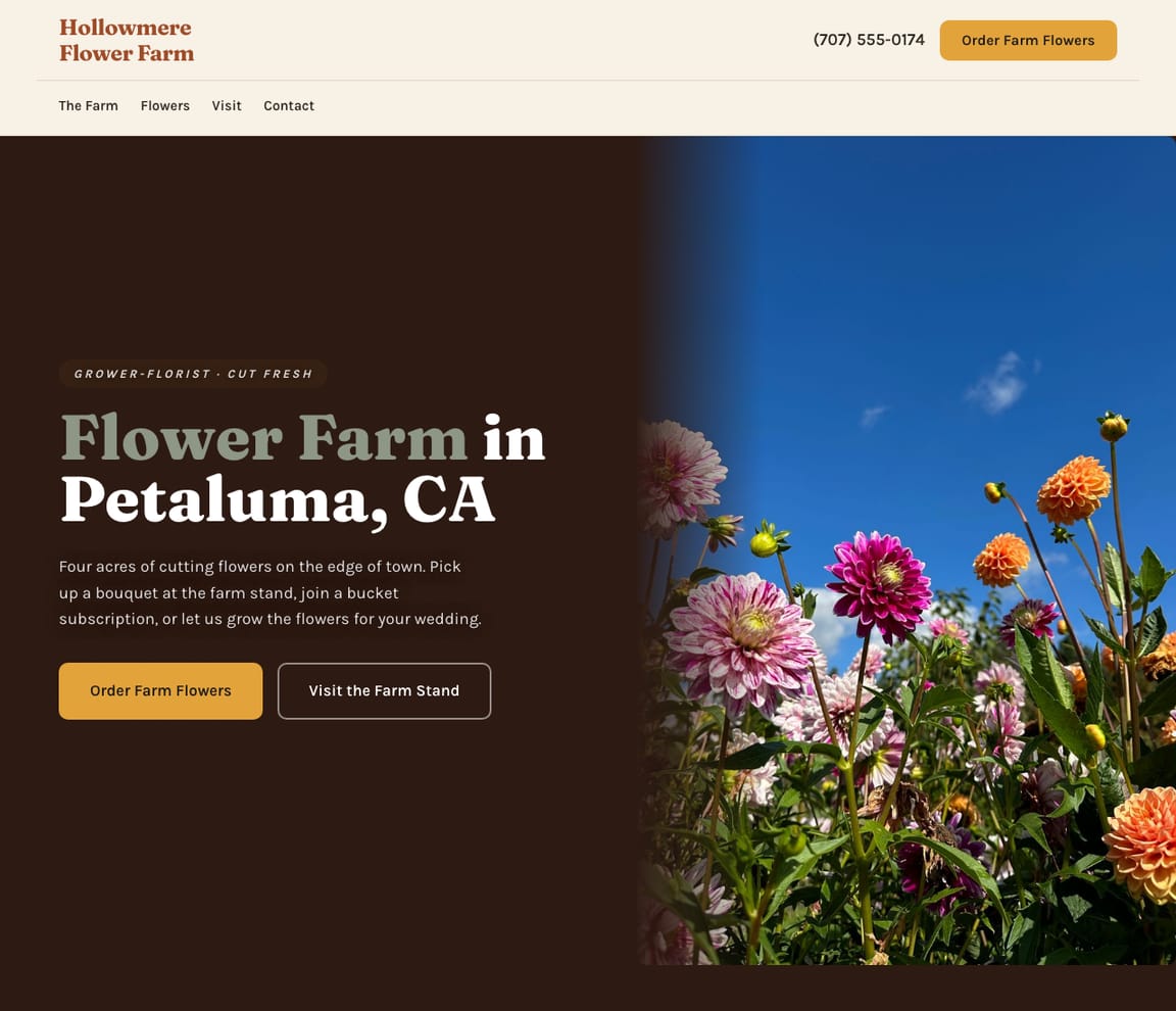 Home page of the Flower Farm & Florist website template, with the headline “Flower Farm in Petaluma, CA”