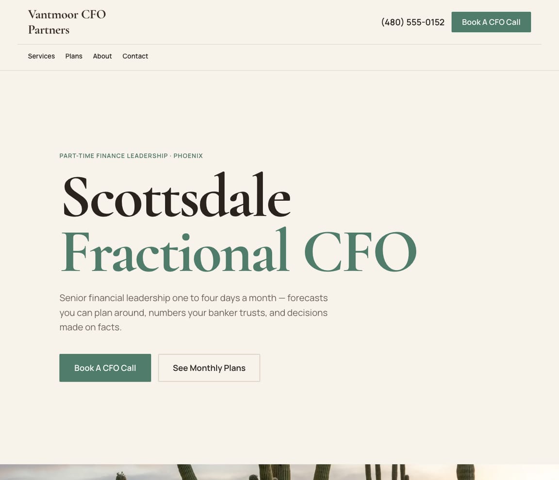 Home page of the Fractional CFO website template