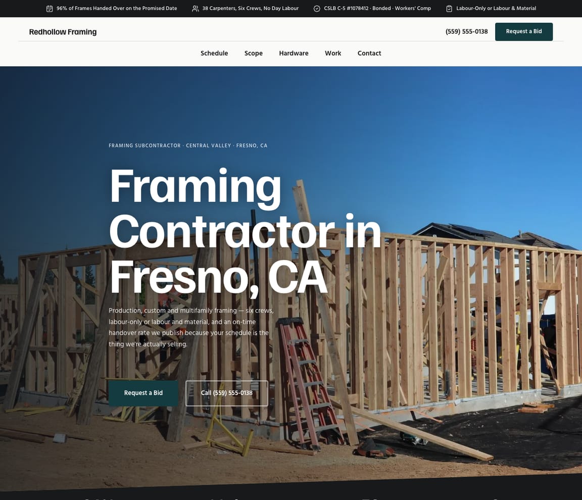Framing Contractor website template preview