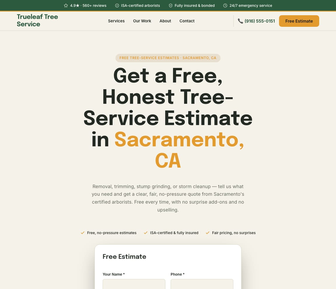 Free Tree Estimate website template preview