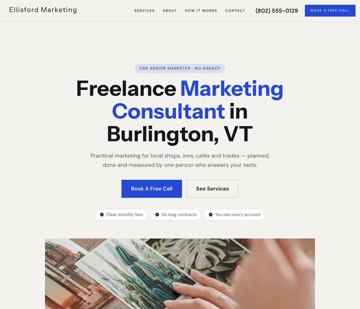 Home page of the Freelance Marketing Consultant website template