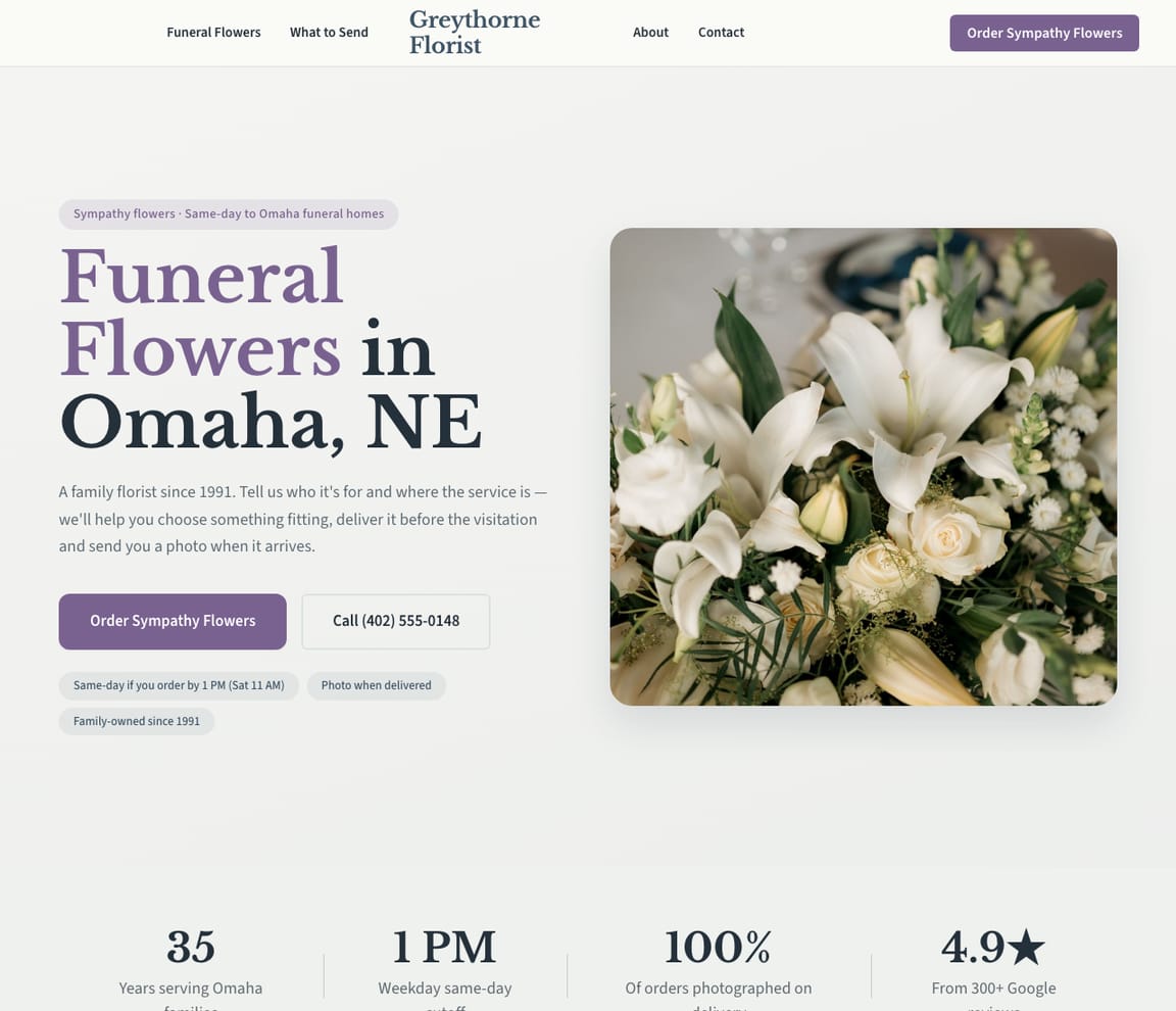 Home page of the Funeral & Sympathy Florist website template, with the headline “Funeral Flowers in Omaha, NE”