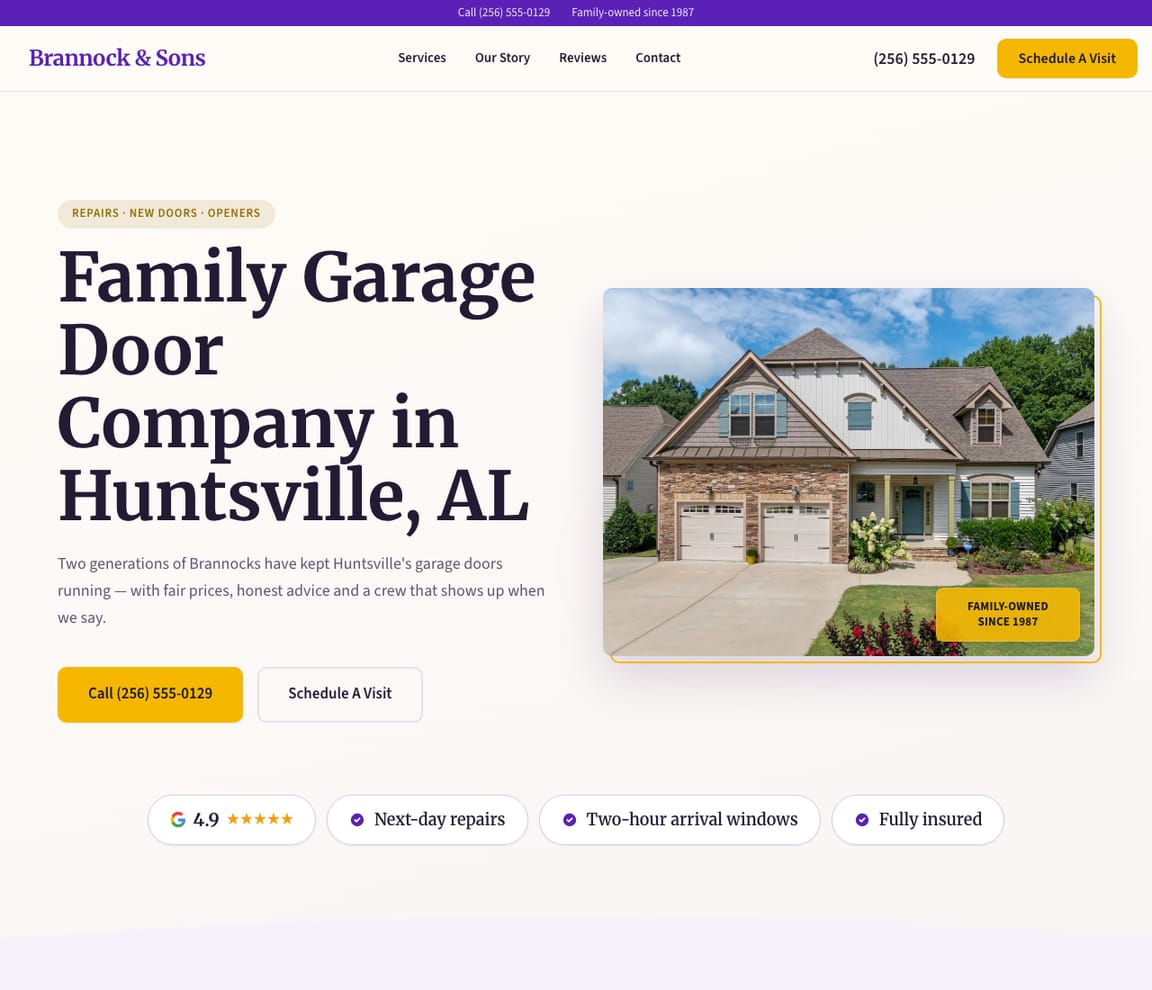 Home page of the Garage Door Company website template, with the headline “Family Garage Door Company in Huntsville, AL”