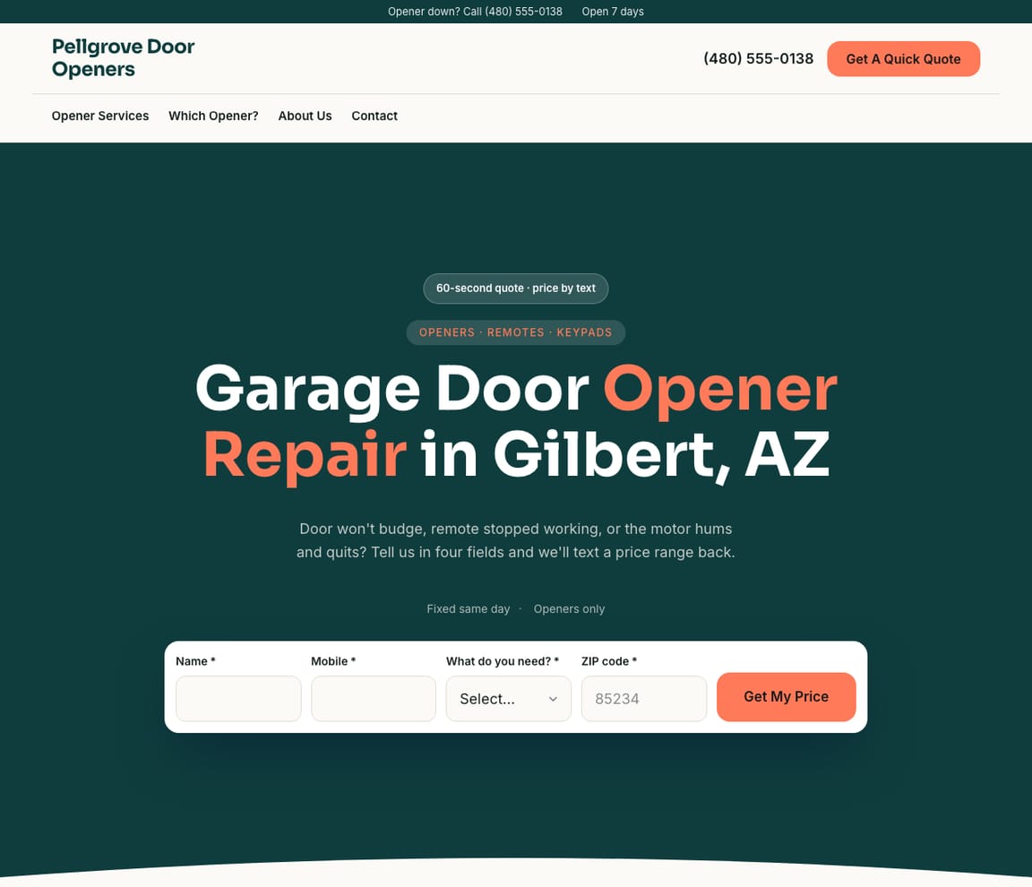 Home page of the Garage Door Openers website template, with the headline “Garage Door Opener Repair in Gilbert, AZ”