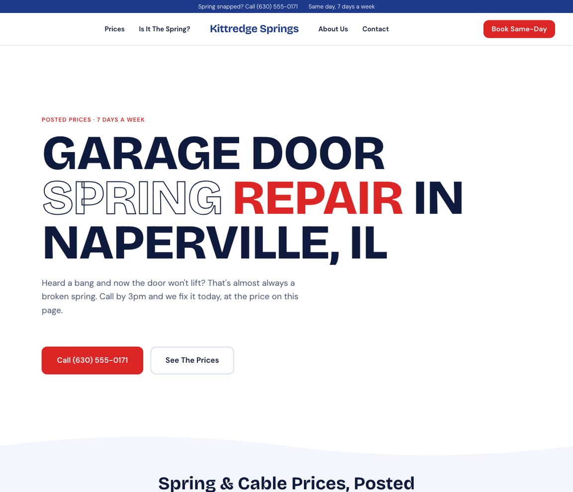 Home page of the Garage Door Spring Repair website template, with the headline “Garage Door Spring Repair in Naperville, IL”