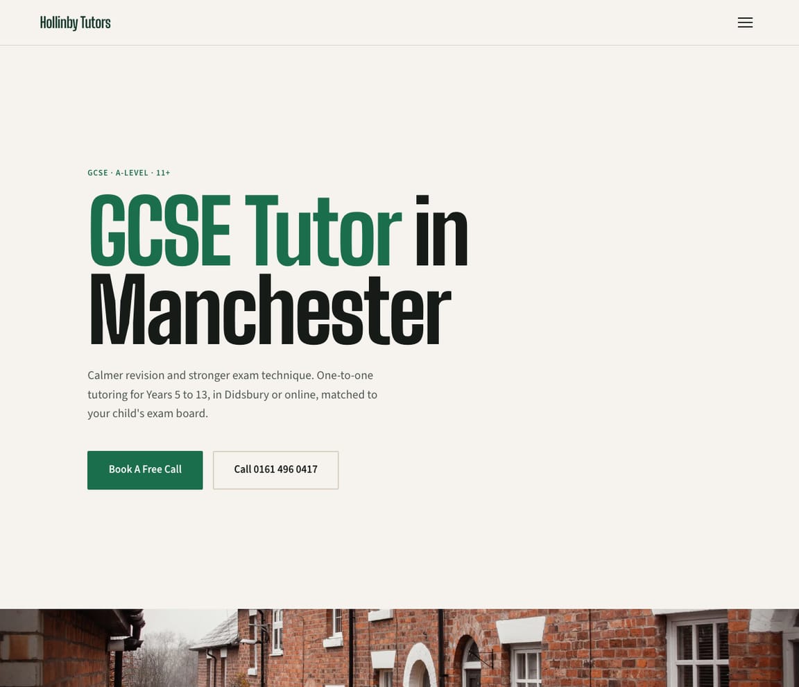 Home page of the GCSE & A-level Tutor (UK) website template, with the headline “GCSE Tutor in Manchester”