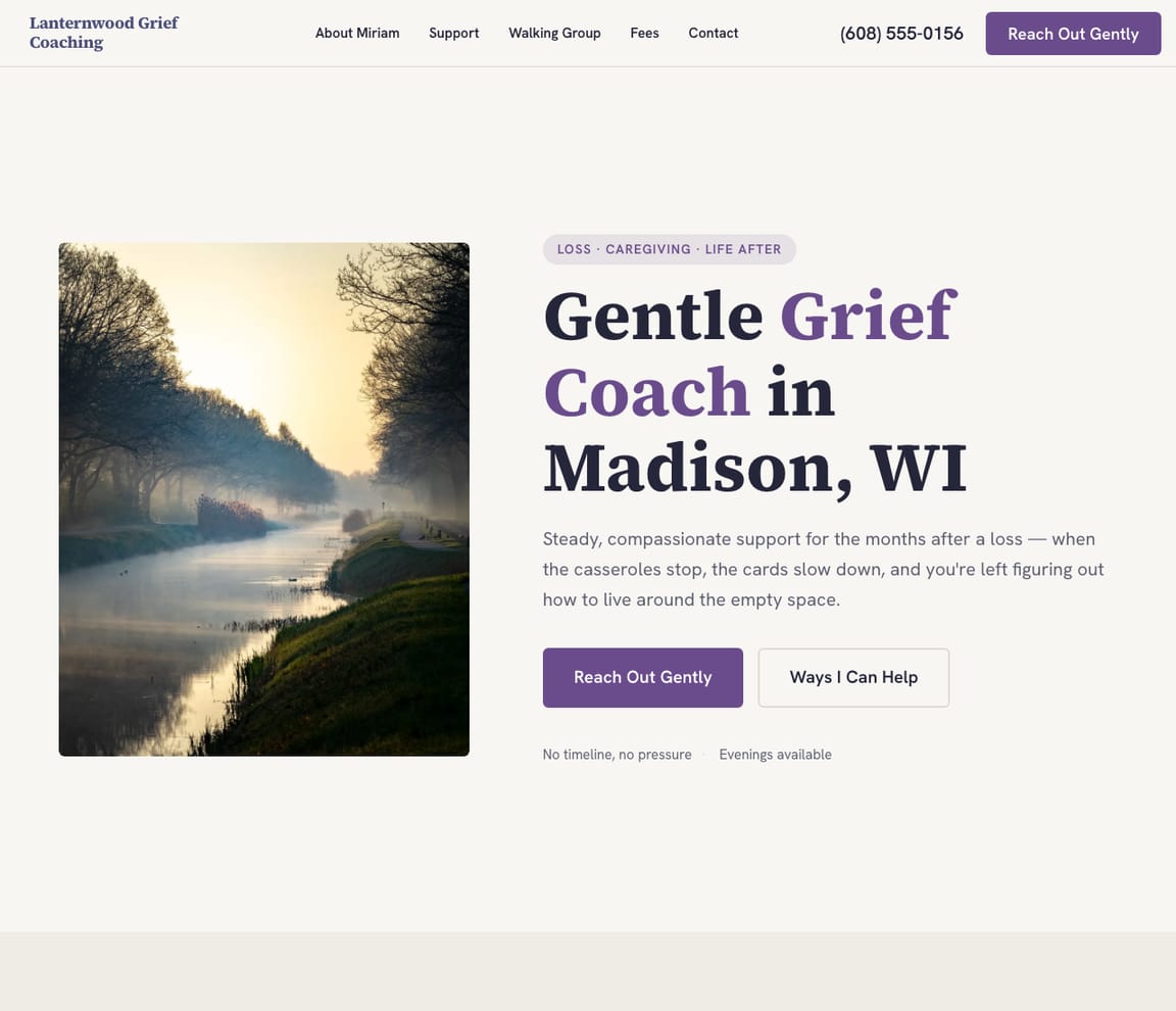Home page of the Grief Coach website template, with the headline “Gentle Grief Coach in Madison, WI”