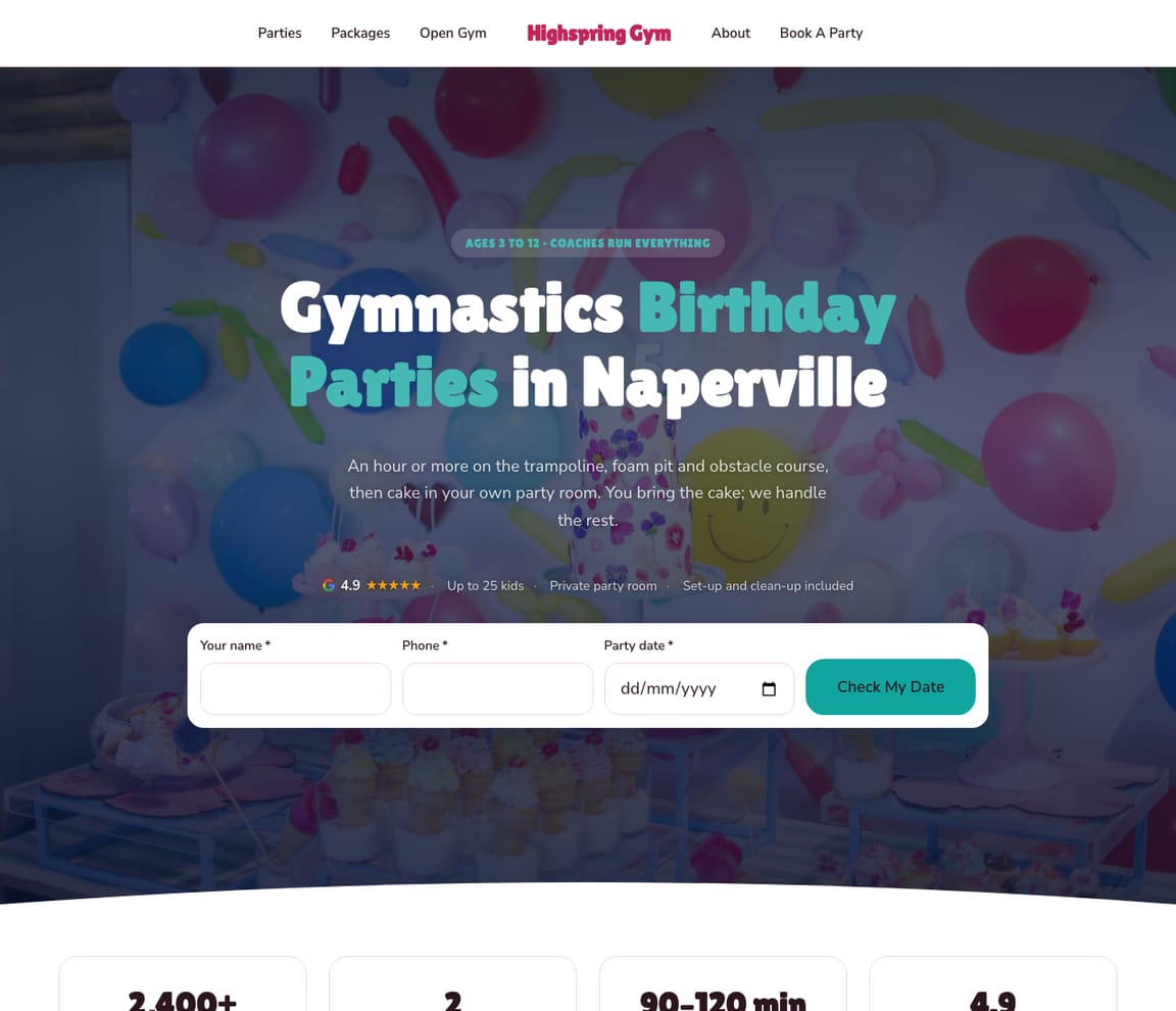 Home page of the Gymnastics Birthday Parties website template, with the headline “Gymnastics Birthday Parties in Naperville”