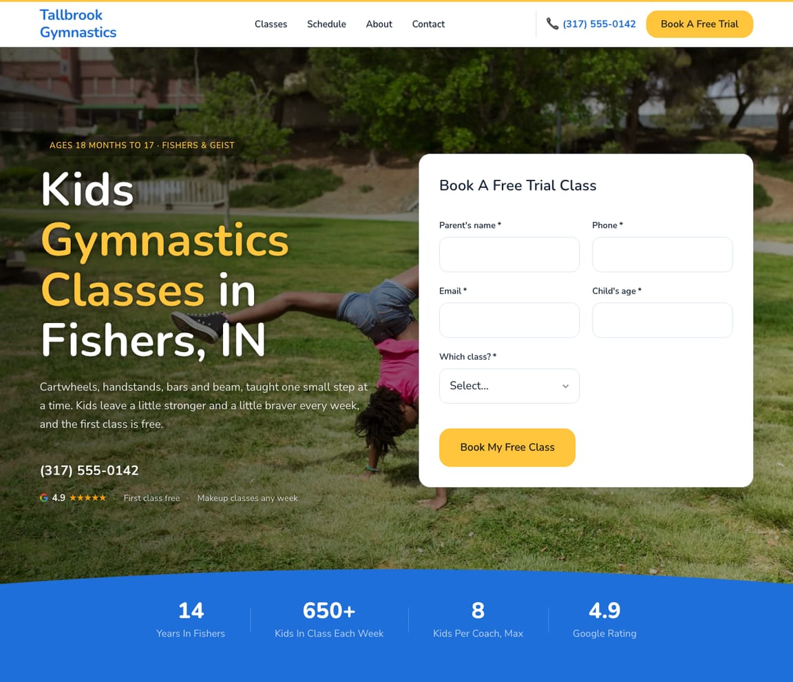 Home page of the Kids Gymnastics Classes website template, with the headline “Kids Gymnastics Classes in Fishers, IN”