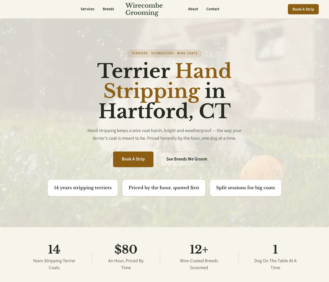 Home page of the Hand-Stripping Groomer website template, with the headline “Terrier Hand Stripping in Hartford, CT”