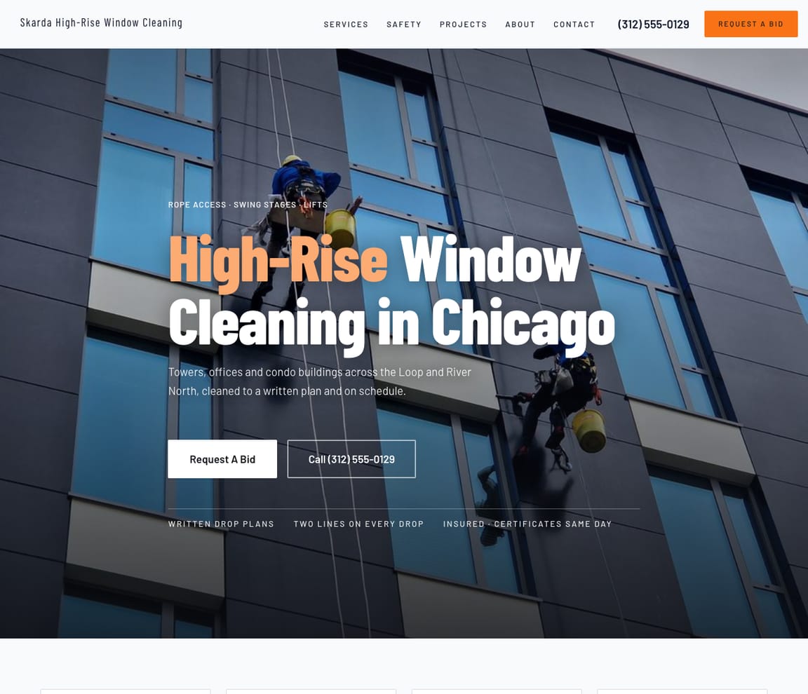 Home page of the High-Rise Window Cleaning website template, with the headline “High-Rise Window Cleaning in Chicago”