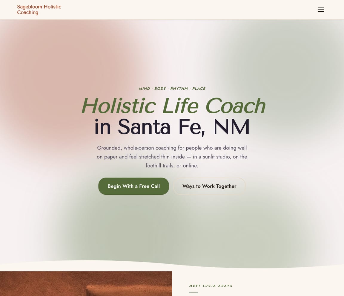 Home page of the Holistic Life Coach website template, with the headline “Holistic Life Coach in Santa Fe, NM”