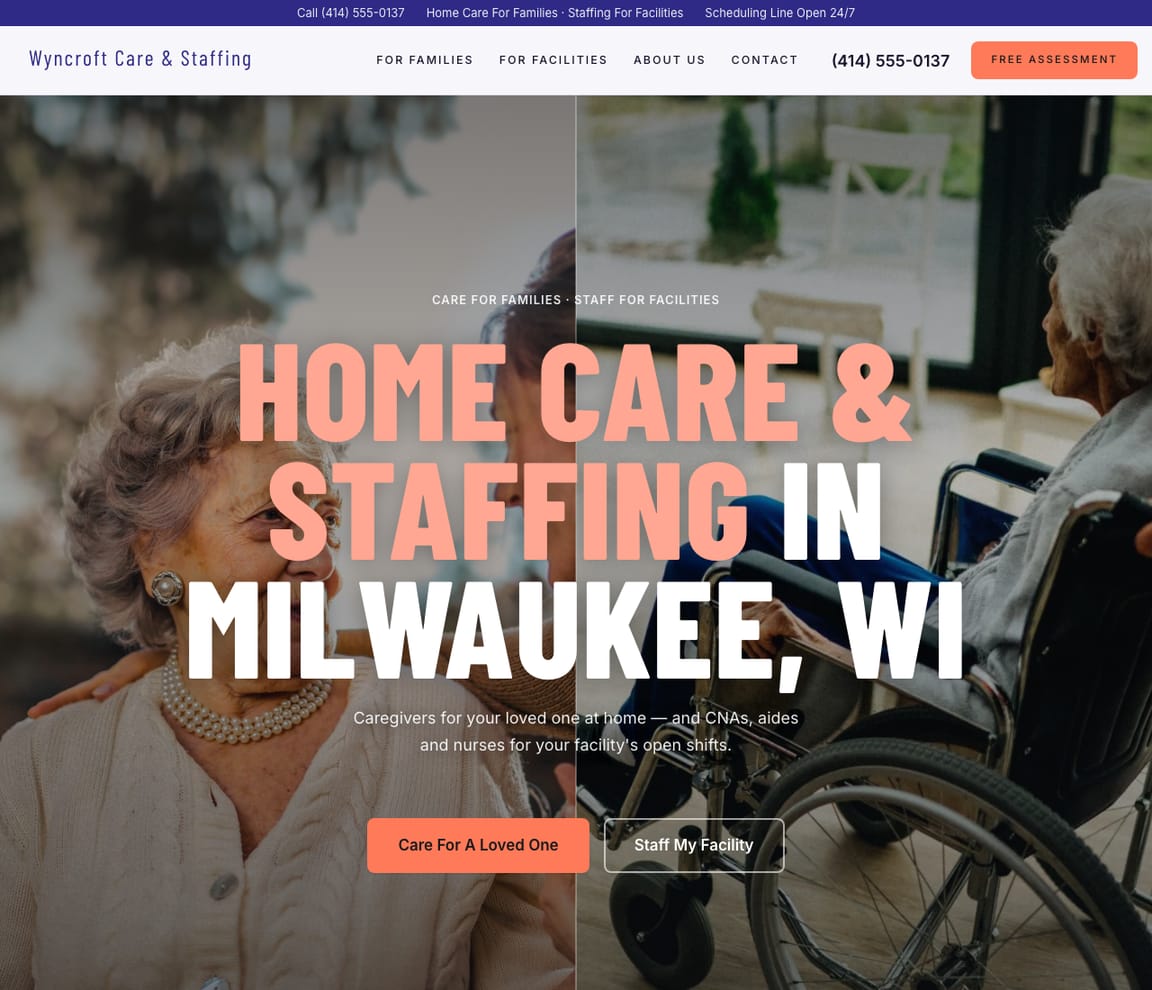 Home page of the Home Care & Staffing Agency website template, with the headline “Home Care & Staffing in Milwaukee, WI”
