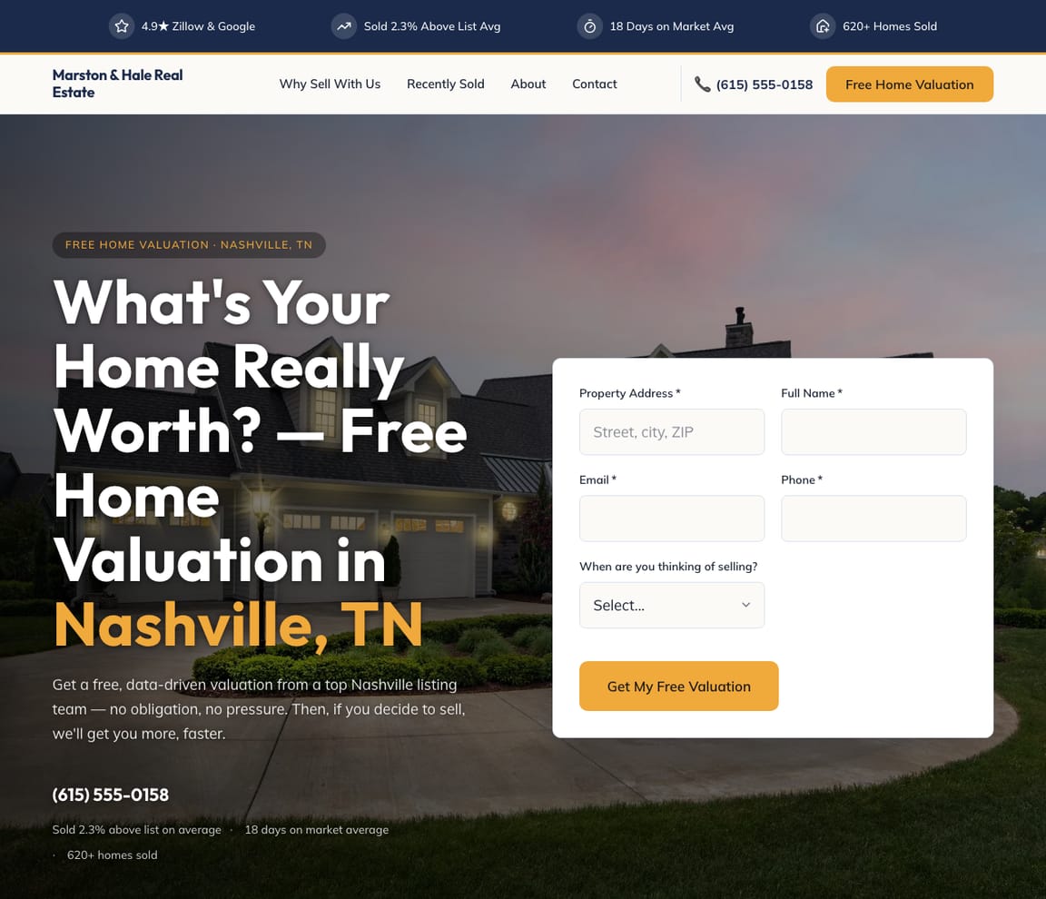 Home Valuation & Seller Agent website template preview