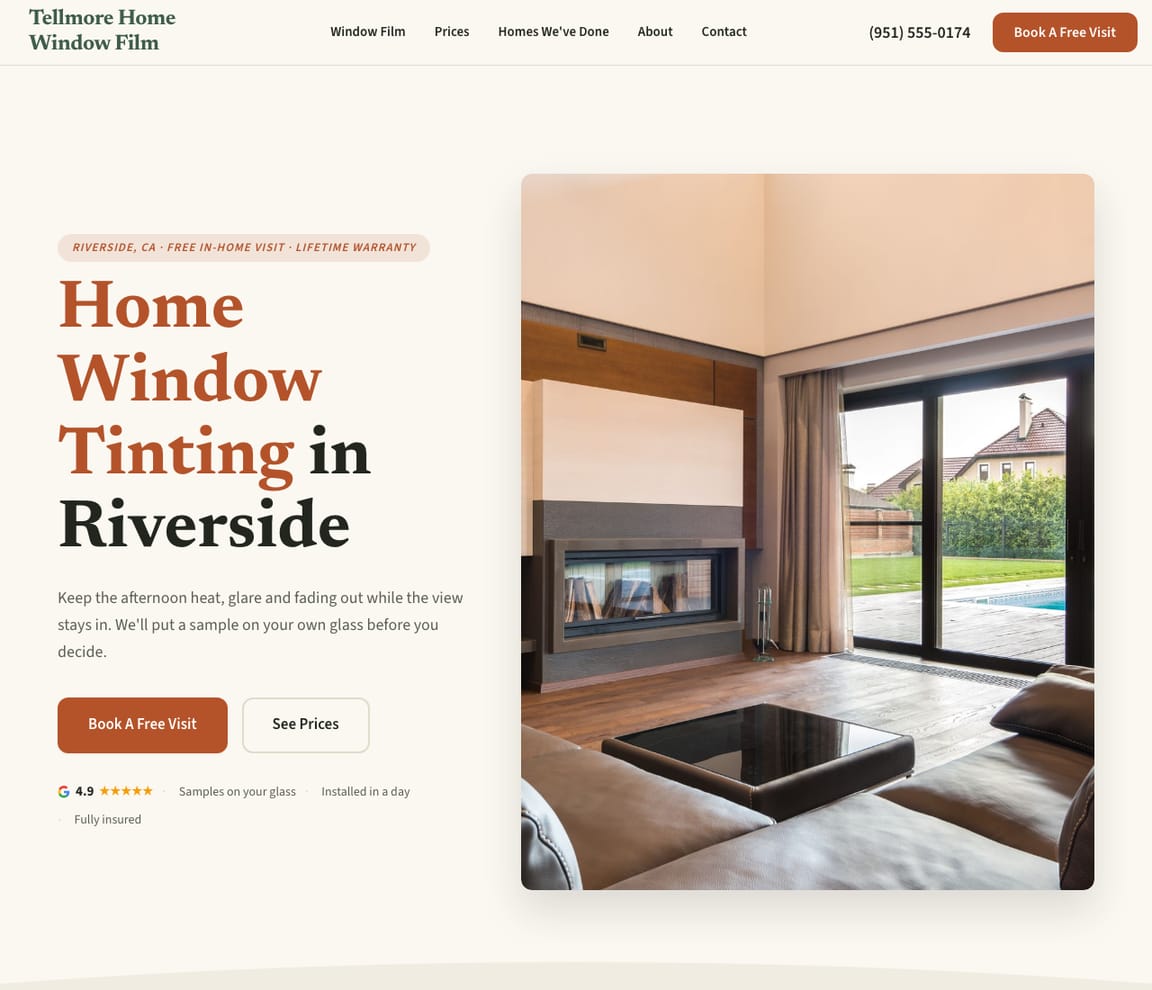 Home page of the Home Window Tinting website template, with the headline “Home Window Tinting in Riverside”