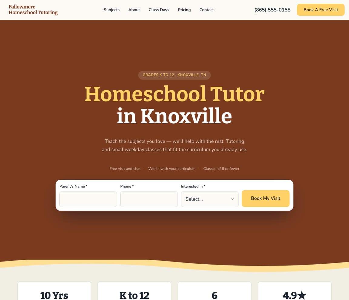 Home page of the Homeschool Tutoring & Classes website template, with the headline “Homeschool Tutor in Knoxville”
