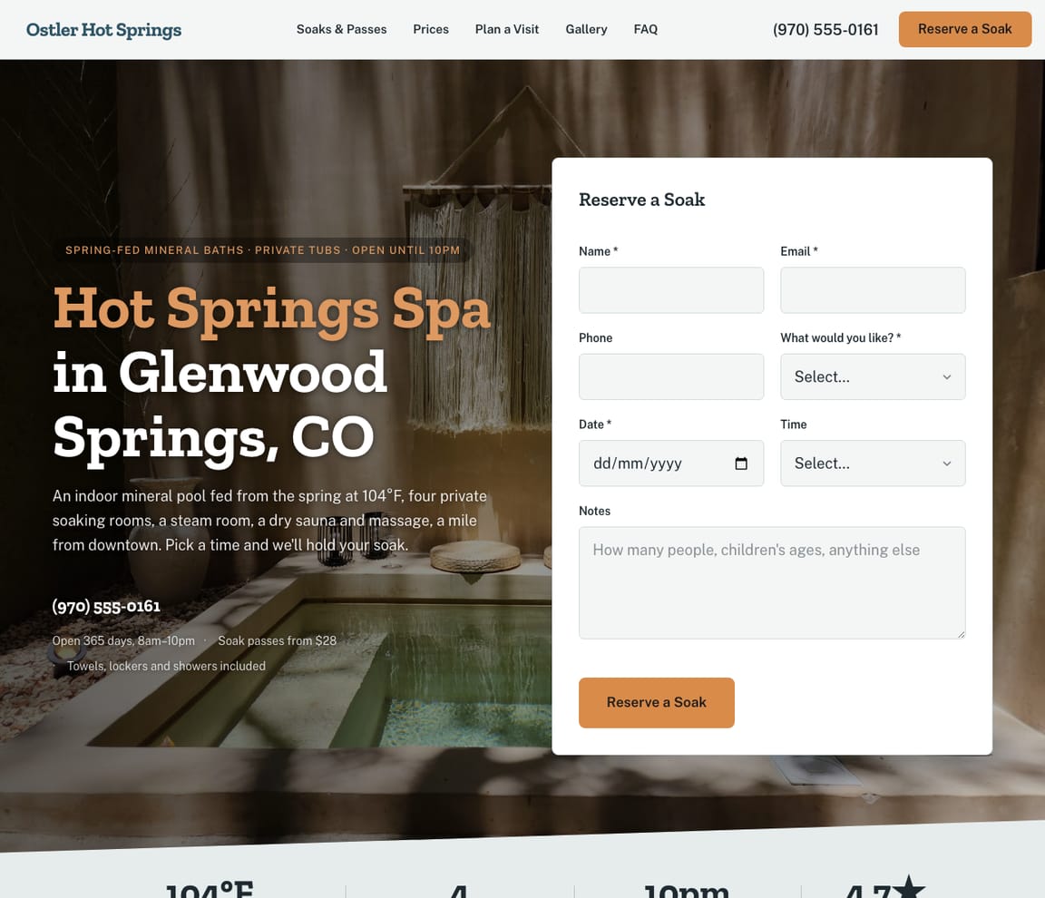 Home page of the Hot Springs Spa website template, with the headline “Hot Springs Spa in Glenwood Springs, CO”