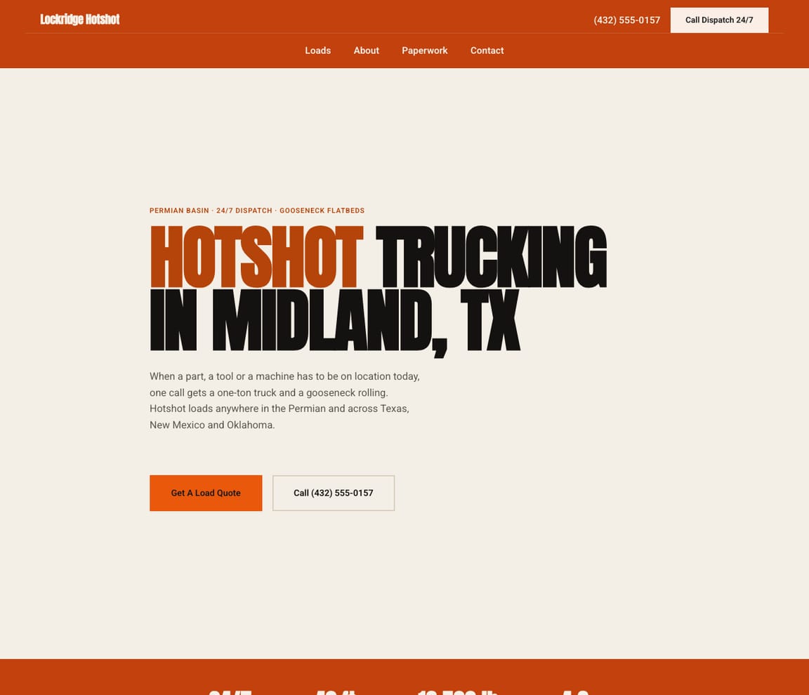 Home page of the Hotshot Trucking website template, with the headline “Hotshot Trucking in Midland, TX”