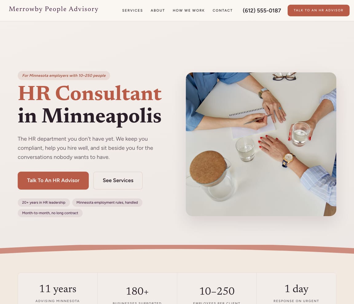 Home page of the HR Consultant website template, with the headline “HR Consultant in Minneapolis”