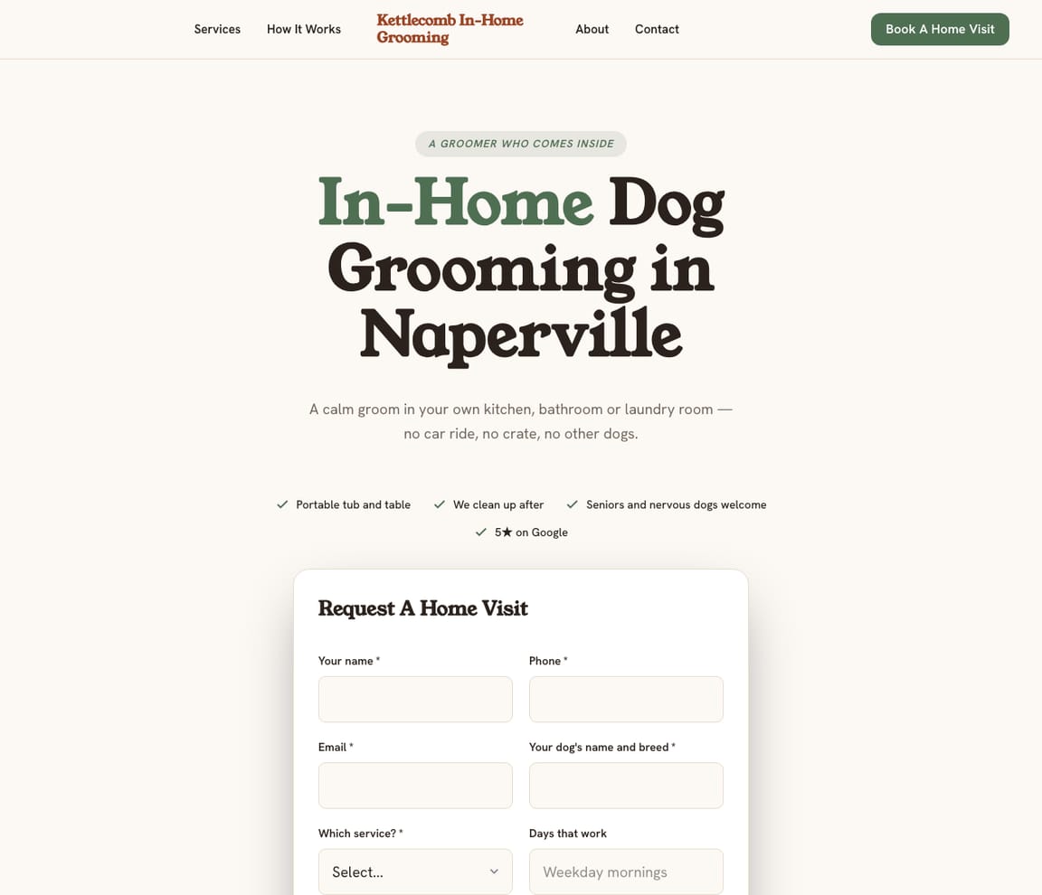 Home page of the In-Home Dog Grooming website template, with the headline “In-Home Dog Grooming in Naperville”