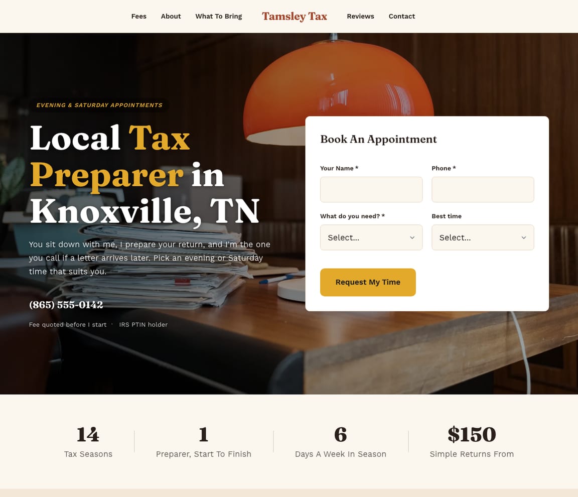 Home page of the Independent Tax Preparer website template, with the headline “Local Tax Preparer in Knoxville, TN”