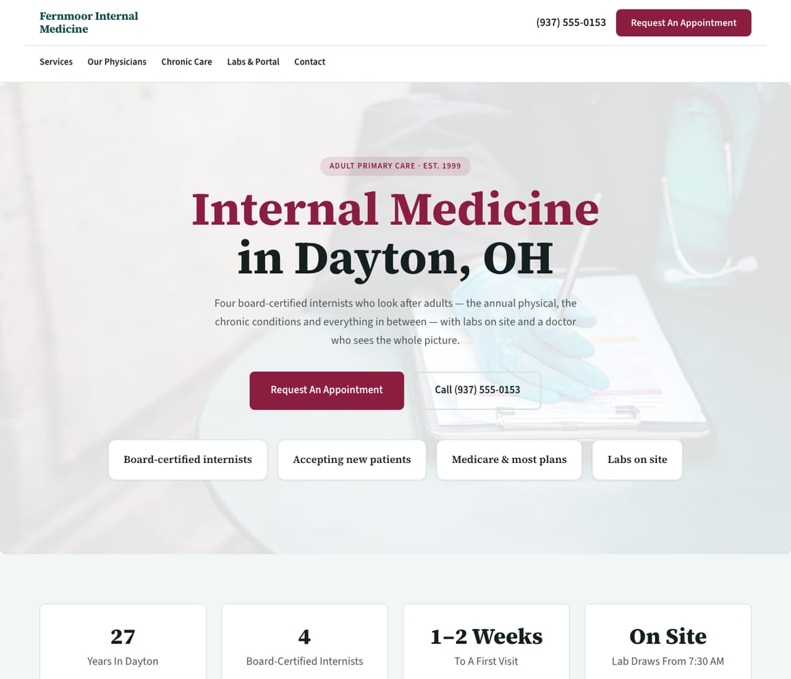 Home page of the Internal Medicine Practice website template, with the headline “Internal Medicine in Dayton, OH”