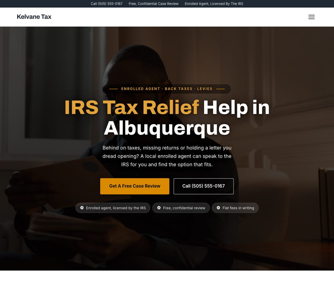 Home page of the IRS Tax Relief website template, with the headline “IRS Tax Relief Help in Albuquerque”
