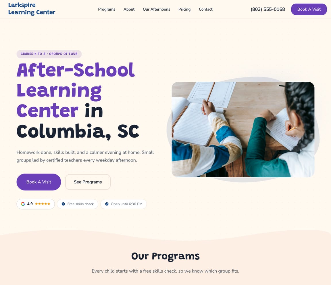 Home page of the After-School Learning Center website template