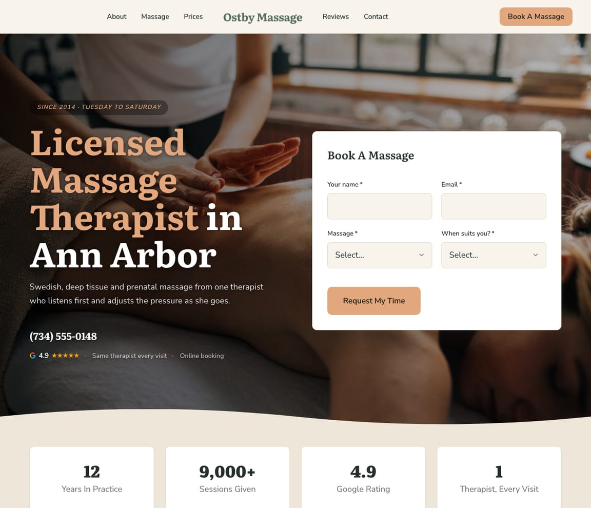 Home page of the Licensed Massage Therapist website template, with the headline “Licensed Massage Therapist in Ann Arbor”