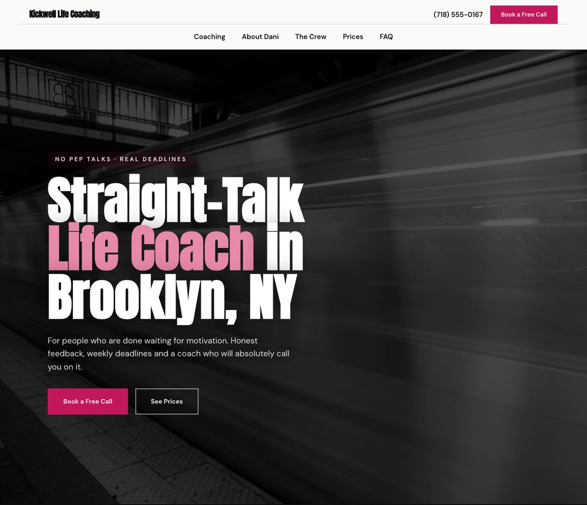 Home page of the Life Coach — Bold website template, with the headline “Straight-Talk Life Coach in Brooklyn, NY”