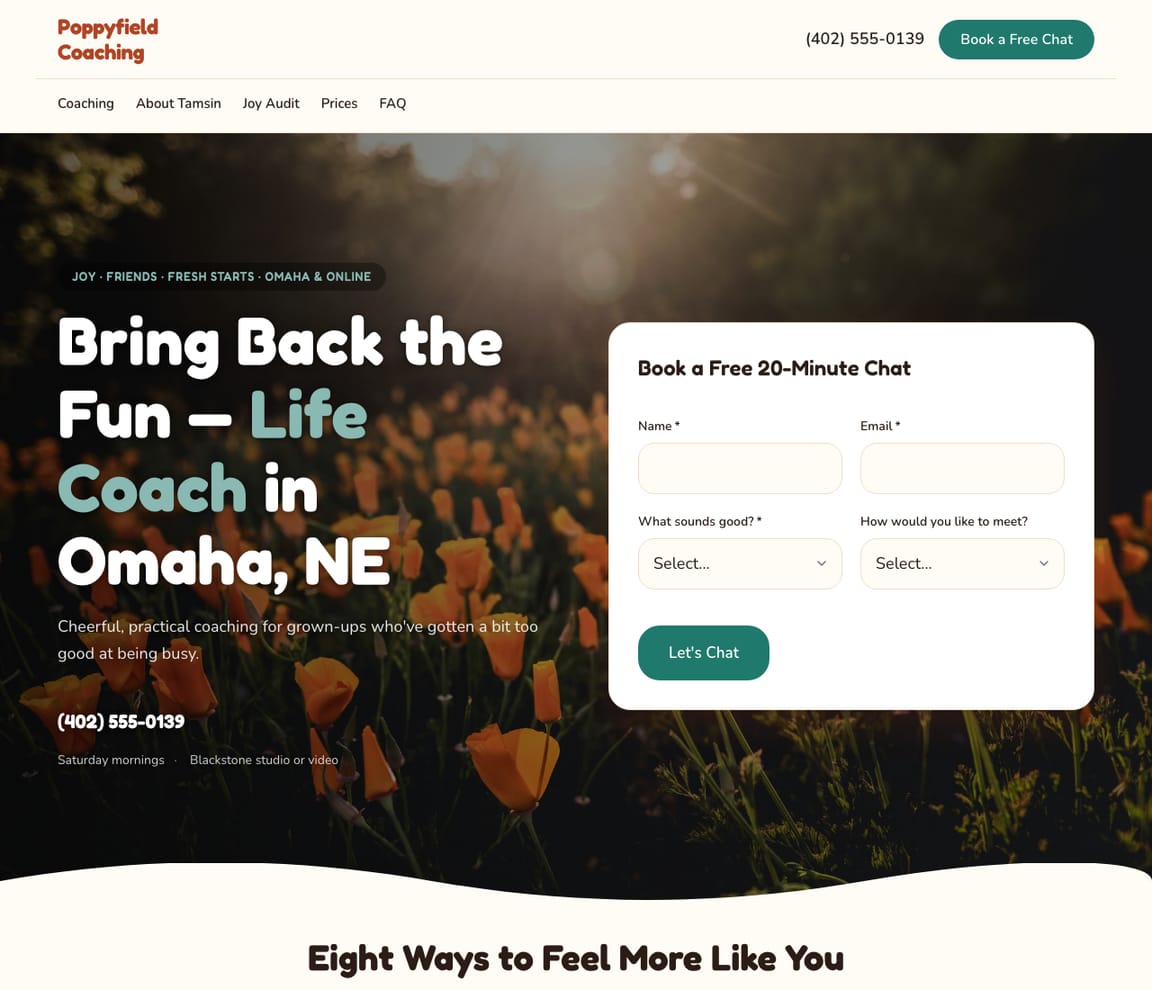 Home page of the Life Coach — Bright website template, with the headline “Bring Back the Fun — Life Coach in Omaha, NE”