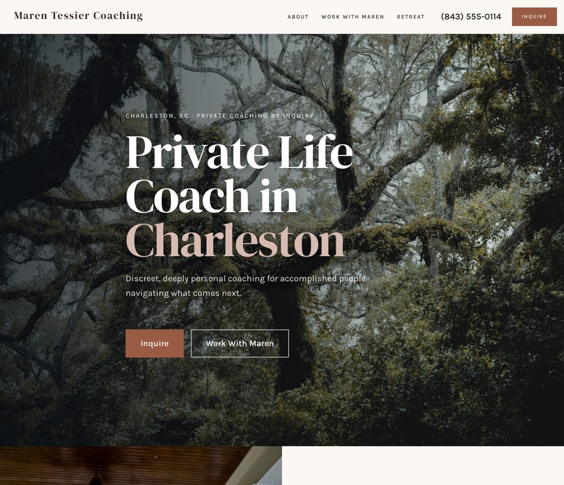 Home page of the Life Coach — Elegant website template, with the headline “Private Life Coach in Charleston”
