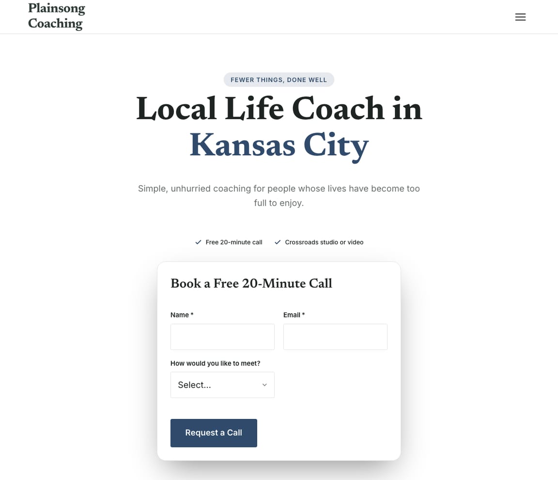 Home page of the Life Coach — Minimal website template, with the headline “Local Life Coach in Kansas City”