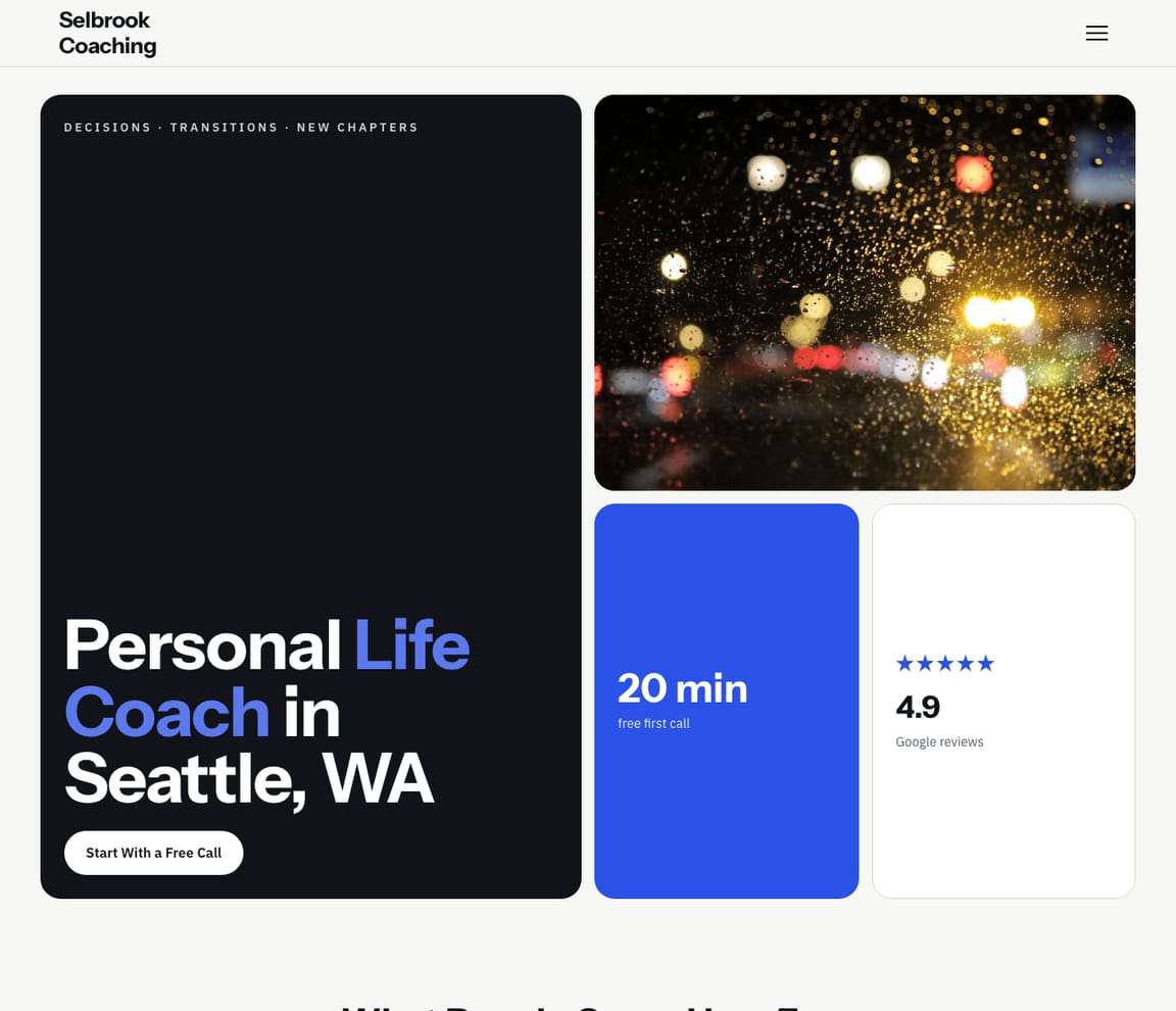 Home page of the Life Coach — Modern website template, with the headline “Personal Life Coach in Seattle, WA”