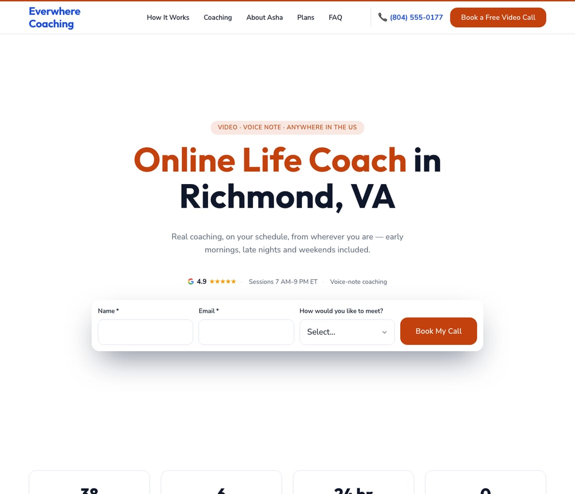 Home page of the Online Life Coach website template, with the headline “Online Life Coach in Richmond, VA”