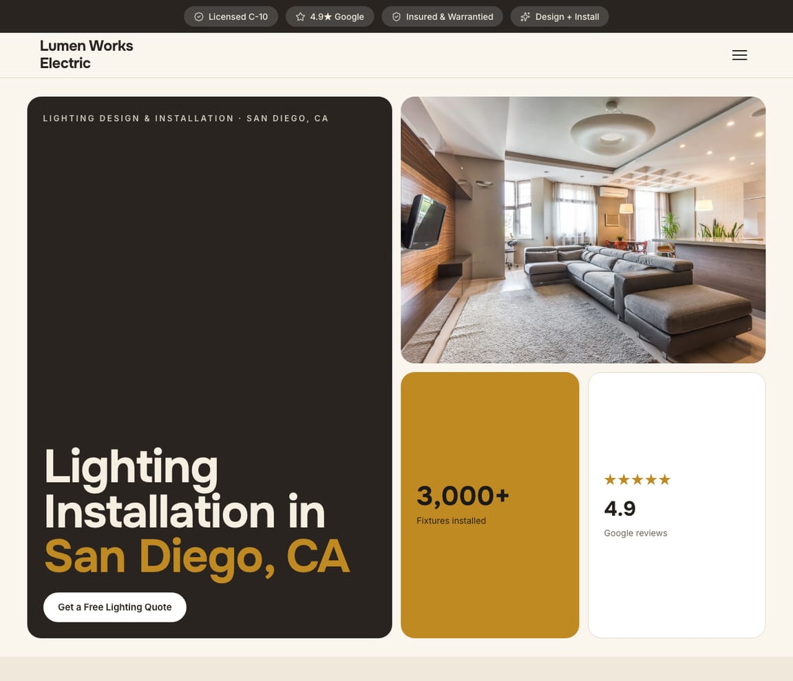 Electrician - Lighting Installation website template preview