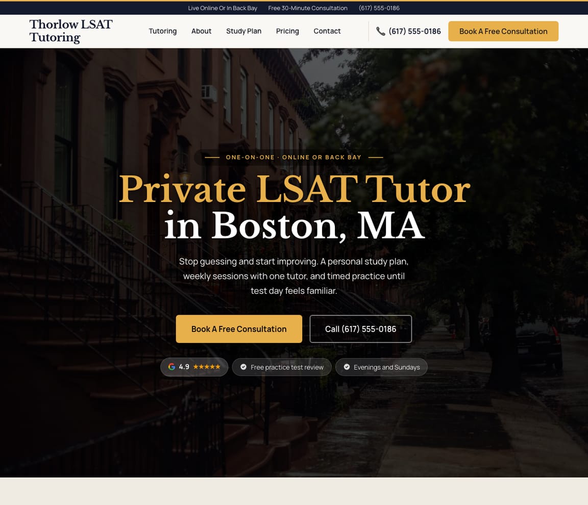 Home page of the LSAT Tutor website template, with the headline “Private LSAT Tutor in Boston, MA”