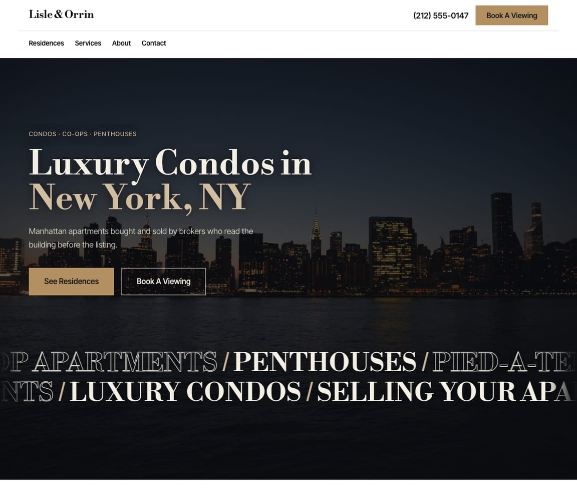Home page of the Luxury Condo Specialist website template, with the headline “Luxury Condos in New York, NY”